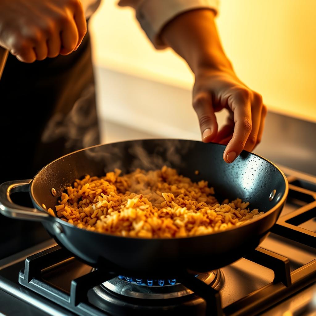 A close-up view of a chef's hands carefully stirring and toasting Mexican rice in a skillet over a gas burner. The rice kernels sizzle and pop, releasing an aromatic blend of spices. The skillet is set against a simple, clean kitchen backdrop, allowing the focus to remain on the intricate technique. Warm, golden lighting casts a cozy glow, capturing the rhythmic motion of the stirring and the caramelized hues of the perfectly toasted rice. The scene conveys a sense of expertise, tradition, and the comforting smells of authentic Mexican cuisine. A close-up view of a chef's hands carefully stirring and toasting Mexican rice in a skillet over a gas burner. The rice kernels sizzle and pop, releasing an aromatic blend of spices. The skillet is set against a simple, clean kitchen backdrop, allowing the focus to remain on the intricate technique. Warm, golden lighting casts a cozy glow, capturing the rhythmic motion of the stirring and the caramelized hues of the perfectly toasted rice. The scene conveys a sense of expertise, tradition, and the comforting smells of authentic Mexican cuisine.