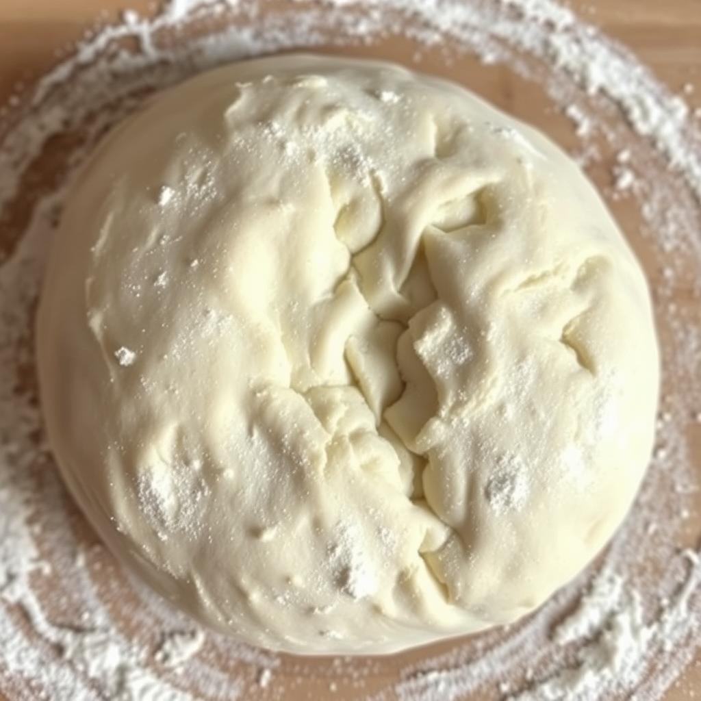 A close-up view of freshly kneaded bread dough, its surface glistening with a light dusting of flour. The dough, a soft, pliable mass, is captured in a natural lighting setup, casting subtle shadows that accentuate its texture and form. The camera angle is slightly elevated, providing a slightly overhead perspective that highlights the dough's plump, pillowy appearance. The background is blurred, allowing the dough to be the focal point, conveying a sense of simplicity and focus on the essential step of the bread-making process. Bread recipe dough being kneaded in a large bowl with flour sprinkled on the wooden surface