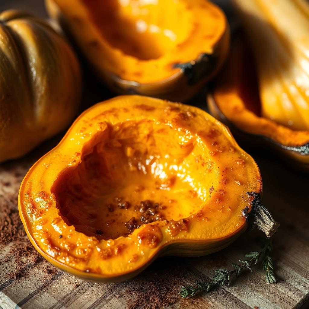 A closeup of a freshly roasted butternut squash, its golden-orange flesh glistening with a light glaze of maple syrup and warm spices. The squash is arranged on a rustic wooden cutting board, with a sprinkle of cinnamon and a few sprigs of fresh thyme decoratively placed around it. Soft, natural lighting casts a cozy, autumnal glow, highlighting the squash's smooth, slightly charred skin and the delicate caramelization on the surface. The overall mood is one of warmth, comfort and simple, homemade goodness. A closeup of a freshly roasted butternut squash, its golden-orange flesh glistening with a light glaze of maple syrup and warm spices. The squash is arranged on a rustic wooden cutting board, with a sprinkle of cinnamon and a few sprigs of fresh thyme decoratively placed around it. Soft, natural lighting casts a cozy, autumnal glow, highlighting the squash's smooth, slightly charred skin and the delicate caramelization on the surface. The overall mood is one of warmth, comfort and simple, homemade goodness.