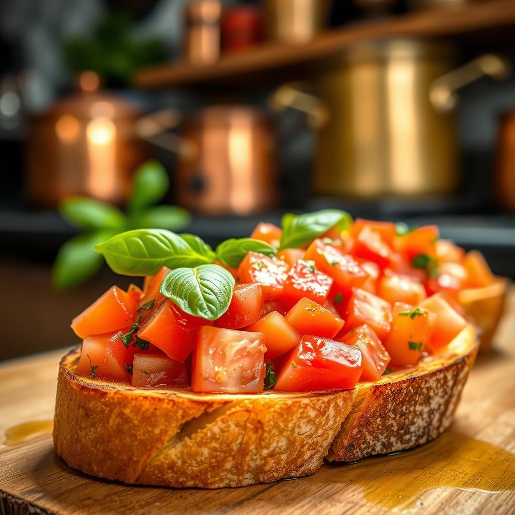A delectable close-up of a bruschetta appetizer, freshly grilled Italian bread topped with a vibrant mixture of juicy diced tomatoes, fragrant basil leaves, and a drizzle of rich olive oil. The crusty bread slice is positioned at a slight angle, capturing the light and texture beautifully. In the background, a soft, blurred Italian kitchen scene sets the mood, with hints of rustic wooden shelves and copper pots. The overall composition exudes an authentic, mouthwatering Mediterranean ambiance, perfectly showcasing the essence of this classic Italian delicacy. Fresh tomato and basil bruschetta served on toasted bread – bruschetta recipe