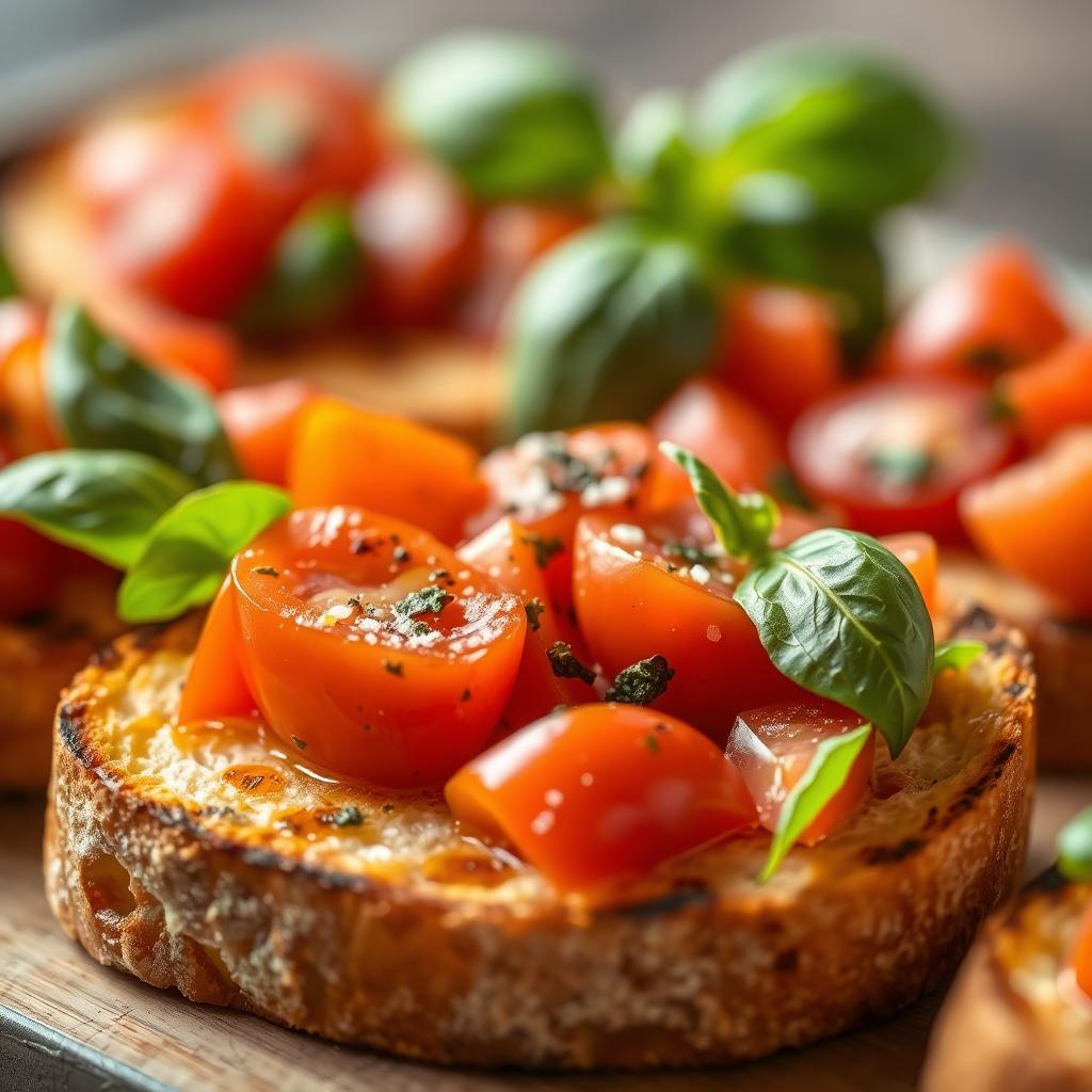 A delectable close-up of freshly grilled bruschetta, the Italian appetizer made with crisp toasted bread, juicy tomatoes, fragrant basil, and a drizzle of rich olive oil. The bread's golden crust glistens under soft, warm lighting, inviting the viewer to savor its flavors. In the middle ground, the colorful medley of vine-ripened tomatoes, vibrant green basil leaves, and a sprinkle of salt and pepper creates a visually appealing and mouthwatering composition. The background is softly blurred, allowing the star ingredients to take center stage and inspire the viewer to recreate this simple, yet elegant dish. Bruschetta recipe with cherry tomatoes and fresh basil on crispy toasted bread
