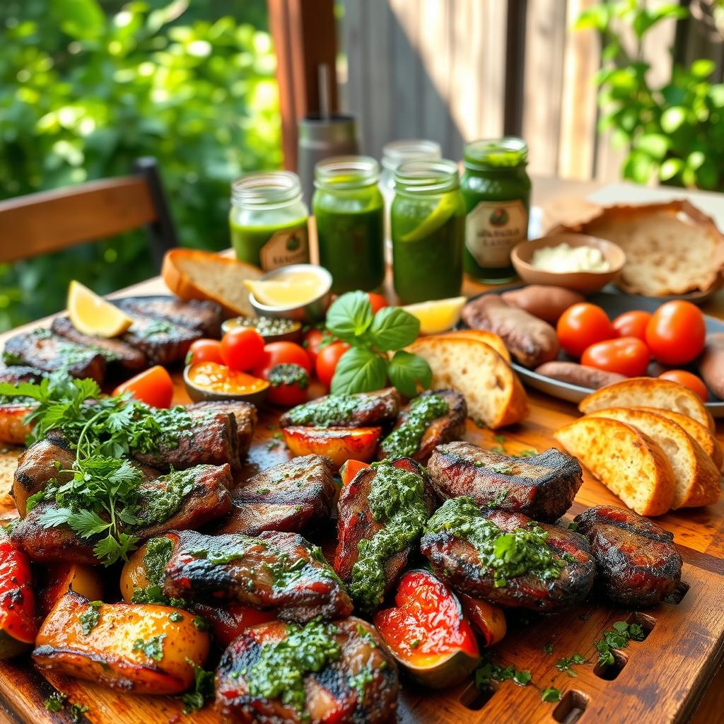 A lush, rustic scene showcasing the diverse uses of vibrant chimichurri sauce. In the foreground, tender grilled meats and roasted vegetables are dressed with the herb-packed condiment. The middle ground features fresh crusty bread, perfect for dipping into the bold, garlicky sauce. In the background, a wooden table is set with jars of chimichurri, lemon wedges, and other accompaniments, all bathed in warm, natural lighting. The overall atmosphere evokes a relaxed, al fresco dining experience, celebrating the versatility and flavor of this beloved Argentinian sauce. A lush, rustic scene showcasing the diverse uses of vibrant chimichurri sauce. In the foreground, tender grilled meats and roasted vegetables are dressed with the herb-packed condiment. The middle ground features fresh crusty bread, perfect for dipping into the bold, garlicky sauce. In the background, a wooden table is set with jars of chimichurri, lemon wedges, and other accompaniments, all bathed in warm, natural lighting. The overall atmosphere evokes a relaxed, al fresco dining experience, celebrating the versatility and flavor of this beloved Argentinian sauce.