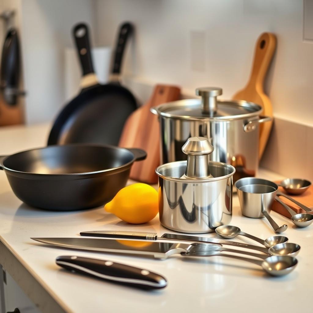 Essential kitchen tools and cookware including stainless steel pots, frying pan, measuring spoons, knives, and cutting boards on a kitchen countertop