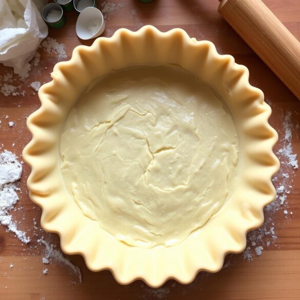 A-pristine-golden-brown-pie-crust-freshly-baked-with-a-flaky-delicate-texture.-The-crust Pie crust recipe – uncooked pie crust in a round baking dish ready for filling and baking