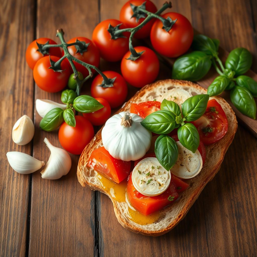 A rustic wooden table, its surface adorned with the ingredients for a classic bruschetta. Freshly sliced baguette, glistening with olive oil, nestled alongside fragrant garlic cloves, juicy tomatoes in various hues, and a sprinkling of aromatic basil leaves. The warm, earthy tones of the wood are complemented by the vibrant colors of the produce, creating a visually appealing and appetizing arrangement. Soft, diffused lighting casts a gentle glow, emphasizing the textures and inviting the viewer to imagine the flavors and aromas of this quintessential Italian appetizer. Bruschetta recipe ingredients including garlic, tomatoes, basil, and toasted bread