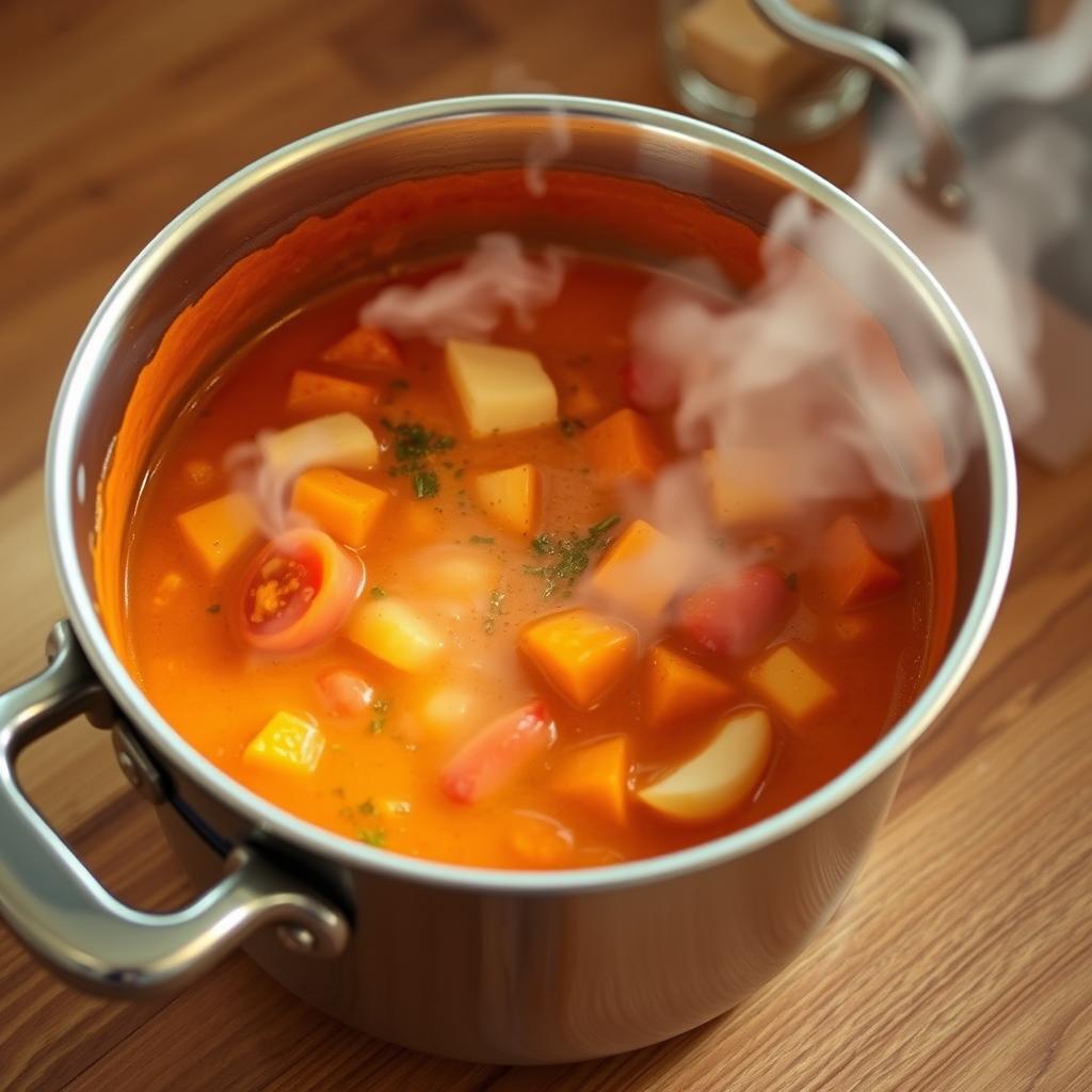 A stainless steel saucepan sits on a wooden kitchen counter, filled with a rich, creamy butter chicken sauce. Plumes of aromatic steam rise from the pan, revealing a vibrant orange-red hue. Diced tomatoes, garlic, ginger, and fragrant spices like cumin, coriander, and cardamom are simmering in a velvety blend of butter, yogurt, and cream. The lighting is warm and inviting, casting a soft glow on the scene. The camera angle is slightly elevated, allowing the viewer to peer into the pan and observe the intricate process of creating the perfect butter chicken sauce. Butter chicken recipe sautéing the base ingredients in a steaming pot with tomatoes, butter, and spices