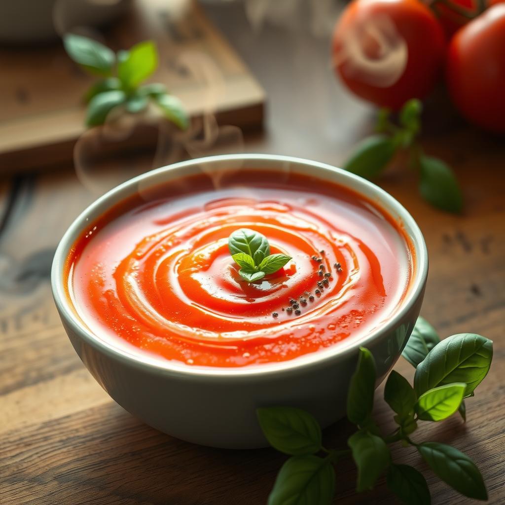 A steaming bowl of homemade tomato soup, its rich crimson hue illuminated by warm, natural lighting. The foreground showcases the soup's smooth, creamy texture, with delicate swirls of olive oil glistening on the surface. In the middle ground, fresh basil leaves and a sprinkle of cracked black pepper add vibrant pops of color and earthy aroma. The background features a simple, rustic wooden table, complementing the comforting, homey atmosphere. The scene is captured with a shallow depth of field, drawing the viewer's attention to the delectable soup, ready to be savored. A steaming bowl of homemade tomato soup, its rich crimson hue illuminated by warm, natural lighting. The foreground showcases the soup's smooth, creamy texture, with delicate swirls of olive oil glistening on the surface. In the middle ground, fresh basil leaves and a sprinkle of cracked black pepper add vibrant pops of color and earthy aroma. The background features a simple, rustic wooden table, complementing the comforting, homey atmosphere. The scene is captured with a shallow depth of field, drawing the viewer's attention to the delectable soup, ready to be savored.