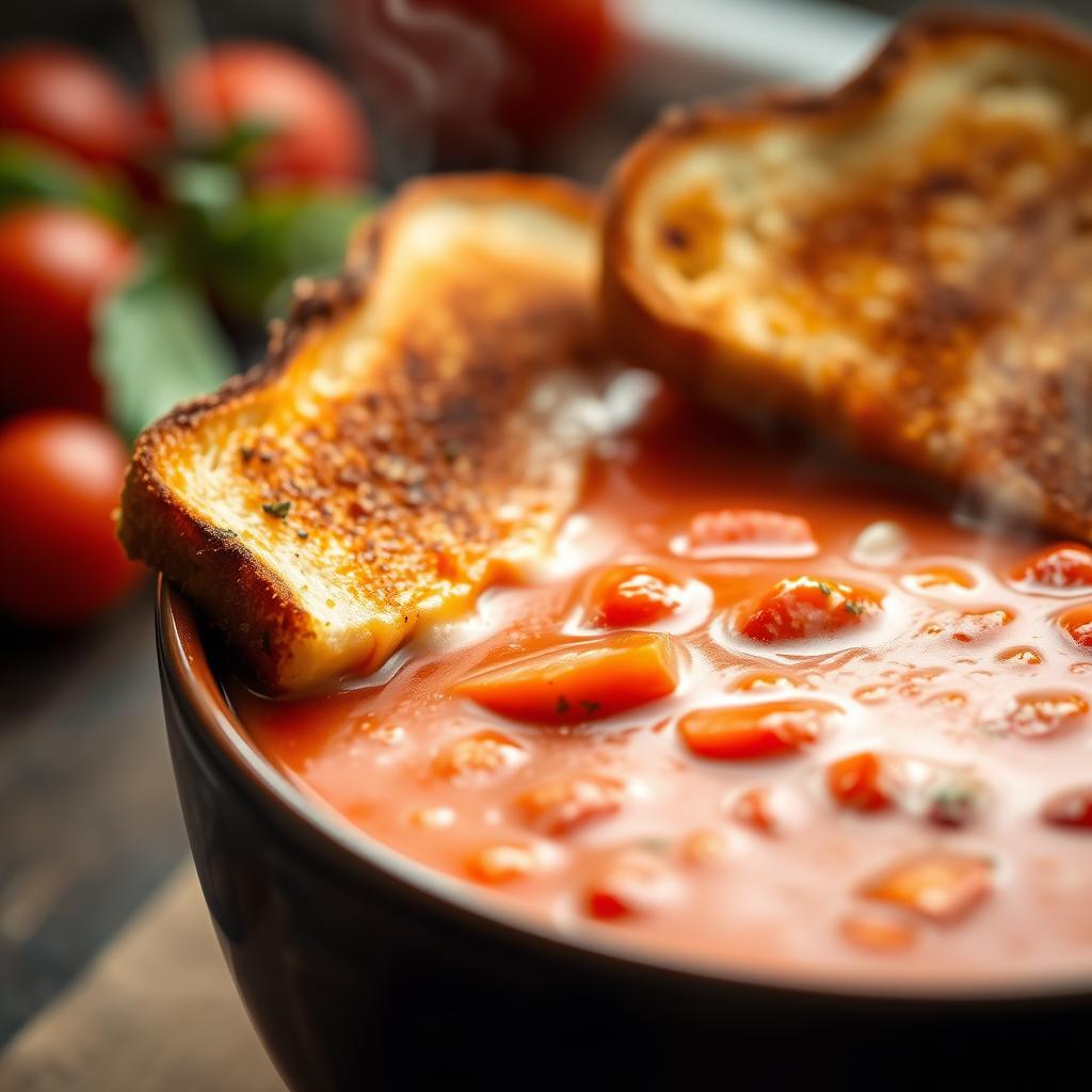 A steaming bowl of homemade tomato soup, the perfect comfort food. In the foreground, thick, creamy tomato broth gently bubbles, flecked with fragrant herbs and spices. Diced tomatoes, their vibrant red hues bursting with flavor, float atop the soup. In the middle ground, a crisp grilled cheese sandwich, its golden-brown crust contrasting with the molten cheese oozing from the center, sits alongside the soup, ready to be dipped. The background is softly lit, creating a cozy, inviting atmosphere, reminiscent of a cozy kitchen on a chilly day. Warm, comforting, and utterly delicious, this image captures the essence of homemade tomato soup, the ultimate in satisfying culinary indulgence. A steaming bowl of homemade tomato soup, the perfect comfort food. In the foreground, thick, creamy tomato broth gently bubbles, flecked with fragrant herbs and spices. Diced tomatoes, their vibrant red hues bursting with flavor, float atop the soup. In the middle ground, a crisp grilled cheese sandwich, its golden-brown crust contrasting with the molten cheese oozing from the center, sits alongside the soup, ready to be dipped. The background is softly lit, creating a cozy, inviting atmosphere, reminiscent of a cozy kitchen on a chilly day. Warm, comforting, and utterly delicious, this image captures the essence of homemade tomato soup, the ultimate in satisfying culinary indulgence.
