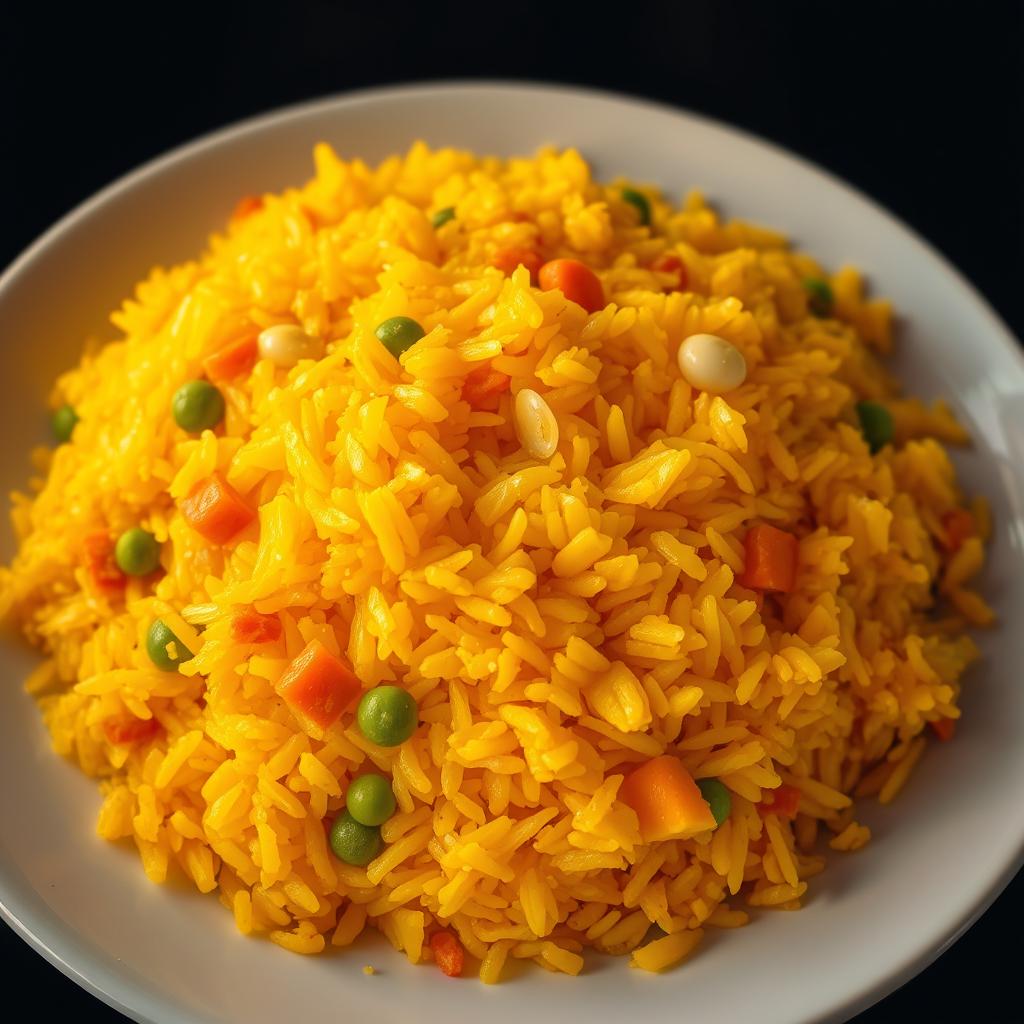 A steaming plate of Mexican rice, its grains glistening with a vibrant saffron hue. The rice is fluffed and fluffy, each kernel distinct yet harmoniously blended. Tender pieces of carrots, peas, and corn add pops of color, while a subtle hint of garlic and onion permeates the dish. The rice is evenly cooked, with a slight crust on the bottom, hinting at the perfect balance of moisture and texture. Warm lighting casts a golden glow, accentuating the rich, earthy tones. The composition is balanced, with the rice taking center stage, surrounded by a clean, simple background that allows the dish to shine. This is the quintessential Mexican rice, a comforting and flavorful side that elevates any Mexican-inspired meal. A steaming plate of Mexican rice, its grains glistening with a vibrant saffron hue. The rice is fluffed and fluffy, each kernel distinct yet harmoniously blended. Tender pieces of carrots, peas, and corn add pops of color, while a subtle hint of garlic and onion permeates the dish. The rice is evenly cooked, with a slight crust on the bottom, hinting at the perfect balance of moisture and texture. Warm lighting casts a golden glow, accentuating the rich, earthy tones. The composition is balanced, with the rice taking center stage, surrounded by a clean, simple background that allows the dish to shine. This is the quintessential Mexican rice, a comforting and flavorful side that elevates any Mexican-inspired meal.