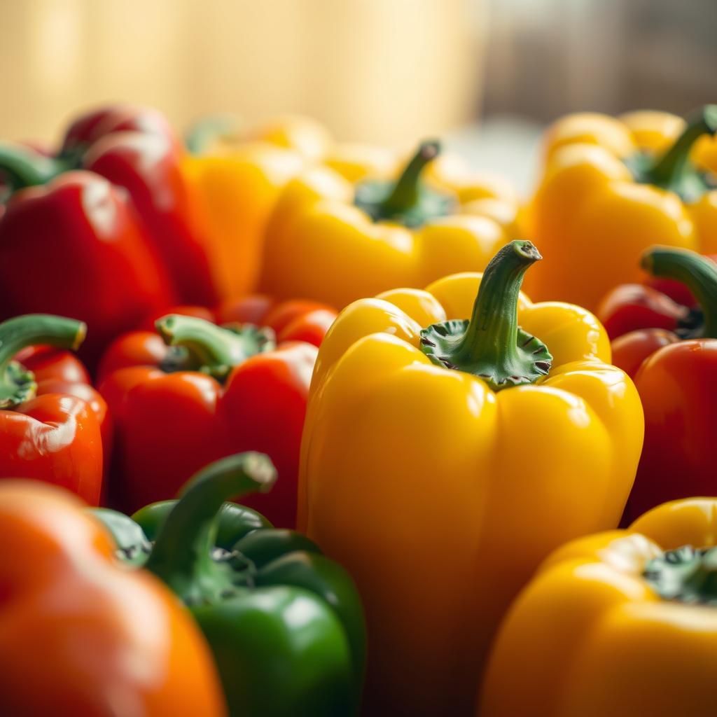 Close-up of colorful fresh bell peppers in yellow, red, green, and orange, ready for cooking or stuffing