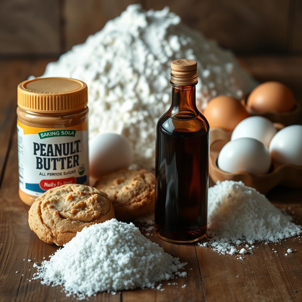 A well-lit, close-up shot of an assortment of essential ingredients for classic peanut butter cookies, arranged artfully on a rustic wooden surface. In the foreground, crunchy peanut butter, granulated sugar, and smooth vanilla extract are prominently displayed. Behind them, a heap of all-purpose flour, a heap of baking soda, and a scattering of whole eggs create a visually balanced composition. The lighting casts soft, warm shadows, emphasizing the natural textures and colors of the ingredients. The overall mood is one of homespun simplicity and culinary preparedness, setting the stage for the easy, delicious peanut butter cookie recipe to come.