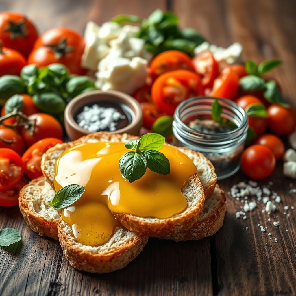 A well-lit, close-up still life composition of bruschetta ingredients arranged on a rustic wooden surface. In the foreground, a pile of sliced, crusty Italian bread, drizzled with golden olive oil. Surrounding it, an assortment of ripe, juicy tomatoes in various hues of red and orange, freshly chopped basil leaves, and crumbled, creamy feta cheese. In the middle ground, a small ceramic bowl filled with fragrant balsamic glaze, and a small glass jar of coarse sea salt. The background is softly blurred, highlighting the natural textures and colors of the ingredients. The overall mood is one of simplicity, freshness, and the essence of Mediterranean cuisine. Ingredients for bruschetta recipe including crusty bread, olive oil, and fresh tomatoes