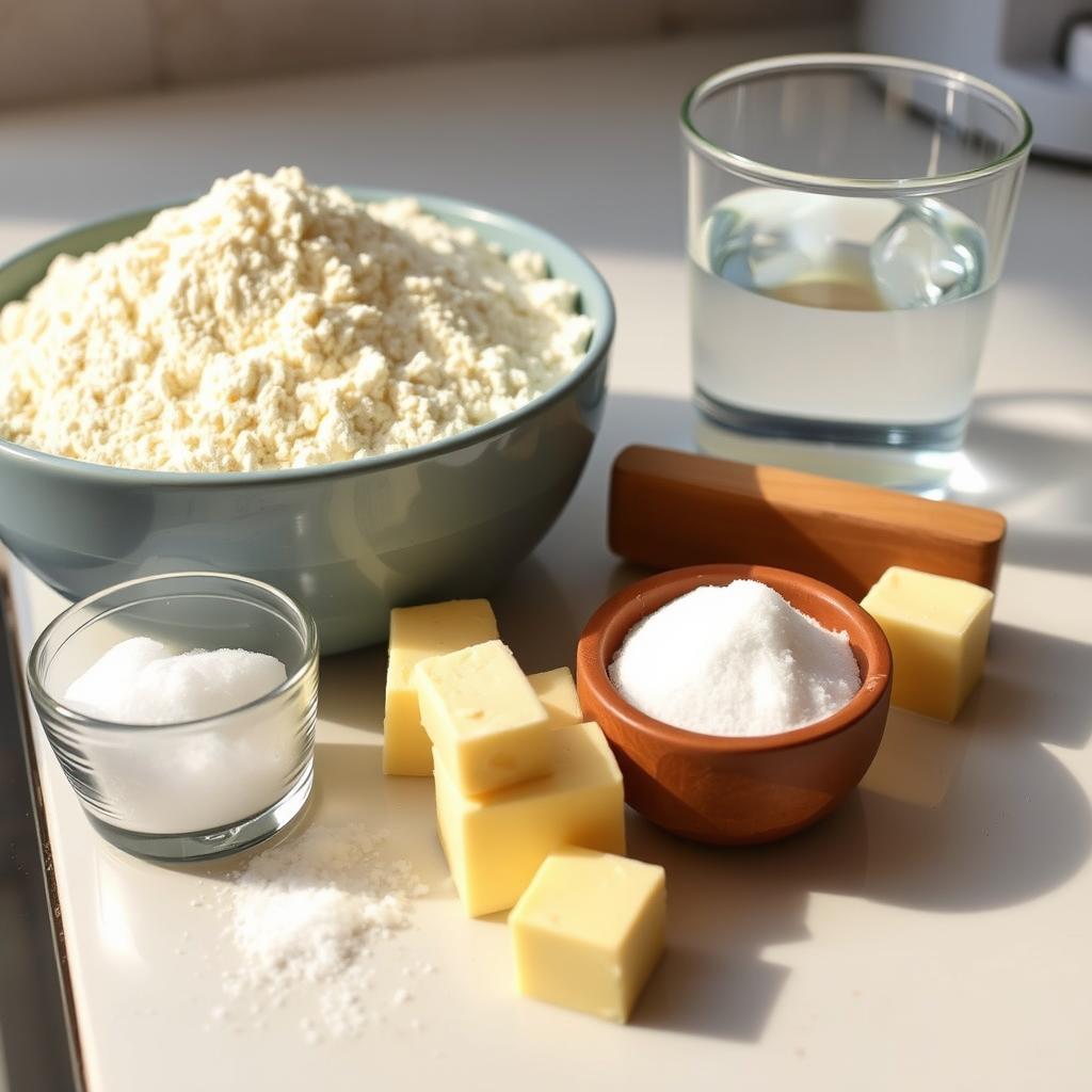A well-lit kitchen counter, meticulously arranged with the essential ingredients for a flaky, homemade pie crust: a mound of all-purpose flour, chilled cubes of unsalted butter, a sprinkle of granulated sugar, a pinch of salt, and a glass of ice water. The lighting casts a warm, inviting glow, highlighting the textures and colors of the ingredients. The composition is balanced, with the ingredients taking center stage, framed by a clean, uncluttered background. The overall mood is one of culinary preparation, promising the creation of a delicious, homemade pie. Key ingredients for flaky pie crust including flour, cubed butter, salt, sugar, and a glass of water on a kitchen counter