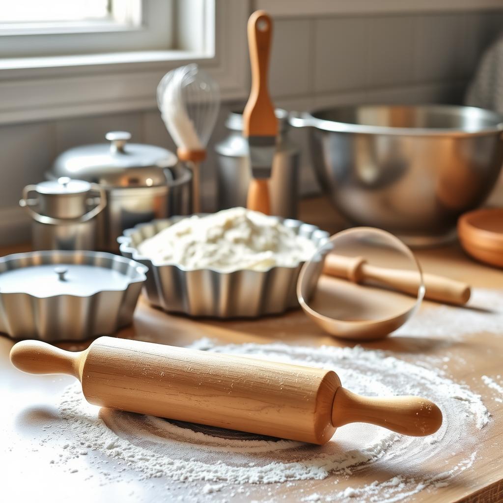 A well-lit kitchen counter with an array of classic pie crust equipment neatly arranged. In the foreground, a rolling pin with a smooth, wooden handle rests atop a floured surface, ready to flatten the dough. Behind it, a set of stainless steel pie weights and a crimped-edge pie tin shine under the soft, natural lighting. In the middle ground, a flour-dusted pastry brush and a sharp, serrated pie cutter stand upright, hinting at the precise techniques required for crafting the perfect pie crust. In the background, a mixing bowl and a set of measuring cups provide the essential tools for mixing the dough, creating a comprehensive scene of the essential equipment for homemade pie crust preparation. Baking tools including wooden rolling pin on floured surface, pie molds, pastry brush, and mixing bowls in a kitchen setting