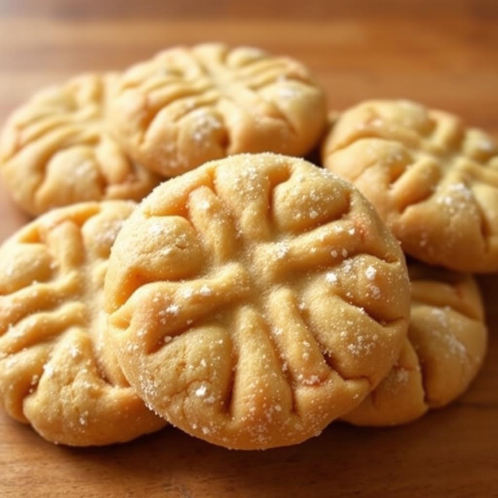 Freshly baked peanut butter cookies, golden-brown with a criss-cross pattern on top, resting on a wooden surface. Soft and chewy in the center, with a slight crunch around the edges. Sprinkled with a light dusting of powdered sugar, the cookies emit a warm, nutty aroma, inviting you to take a bite. Soft, even lighting from above casts a gentle glow, highlighting the delicate texture and natural ingredients. The composition is simple, allowing the focus to remain on the perfect peanut butter treats, ready to be savored.