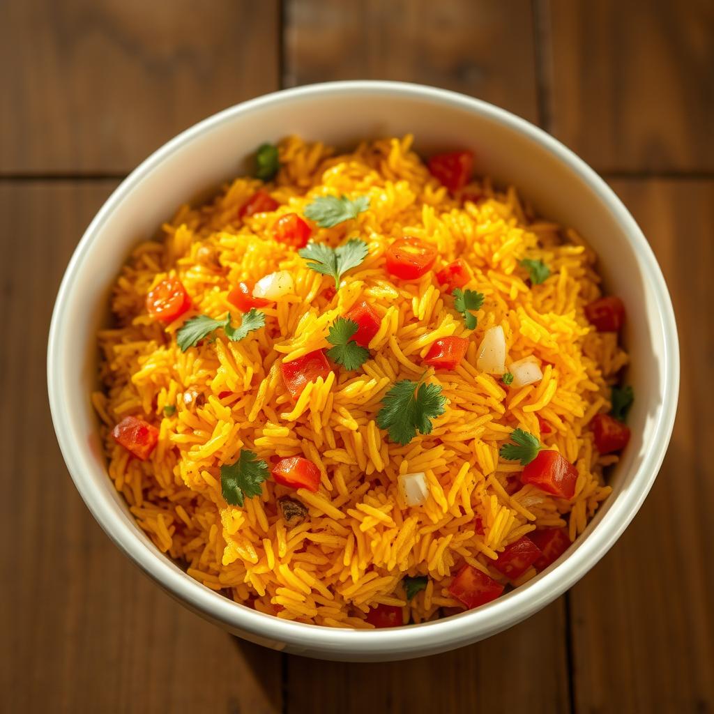 Freshly cooked Mexican rice, steaming hot, nestled in a white ceramic bowl. Vibrant saffron-yellow grains, flecked with diced tomatoes, onions, and fragrant cilantro. Warm lighting casts a golden glow, highlighting the delicate texture and fluffy consistency. A subtle hint of cumin and chili powder adds depth and complexity to the dish. The bowl is placed on a rustic wooden table, surrounded by a simple, minimalist setting, allowing the rice to take center stage. The overall scene conveys a sense of homemade comfort and authentic Mexican cuisine. Freshly cooked Mexican rice, steaming hot, nestled in a white ceramic bowl. Vibrant saffron-yellow grains, flecked with diced tomatoes, onions, and fragrant cilantro. Warm lighting casts a golden glow, highlighting the delicate texture and fluffy consistency. A subtle hint of cumin and chili powder adds depth and complexity to the dish. The bowl is placed on a rustic wooden table, surrounded by a simple, minimalist setting, allowing the rice to take center stage. The overall scene conveys a sense of homemade comfort and authentic Mexican cuisine.