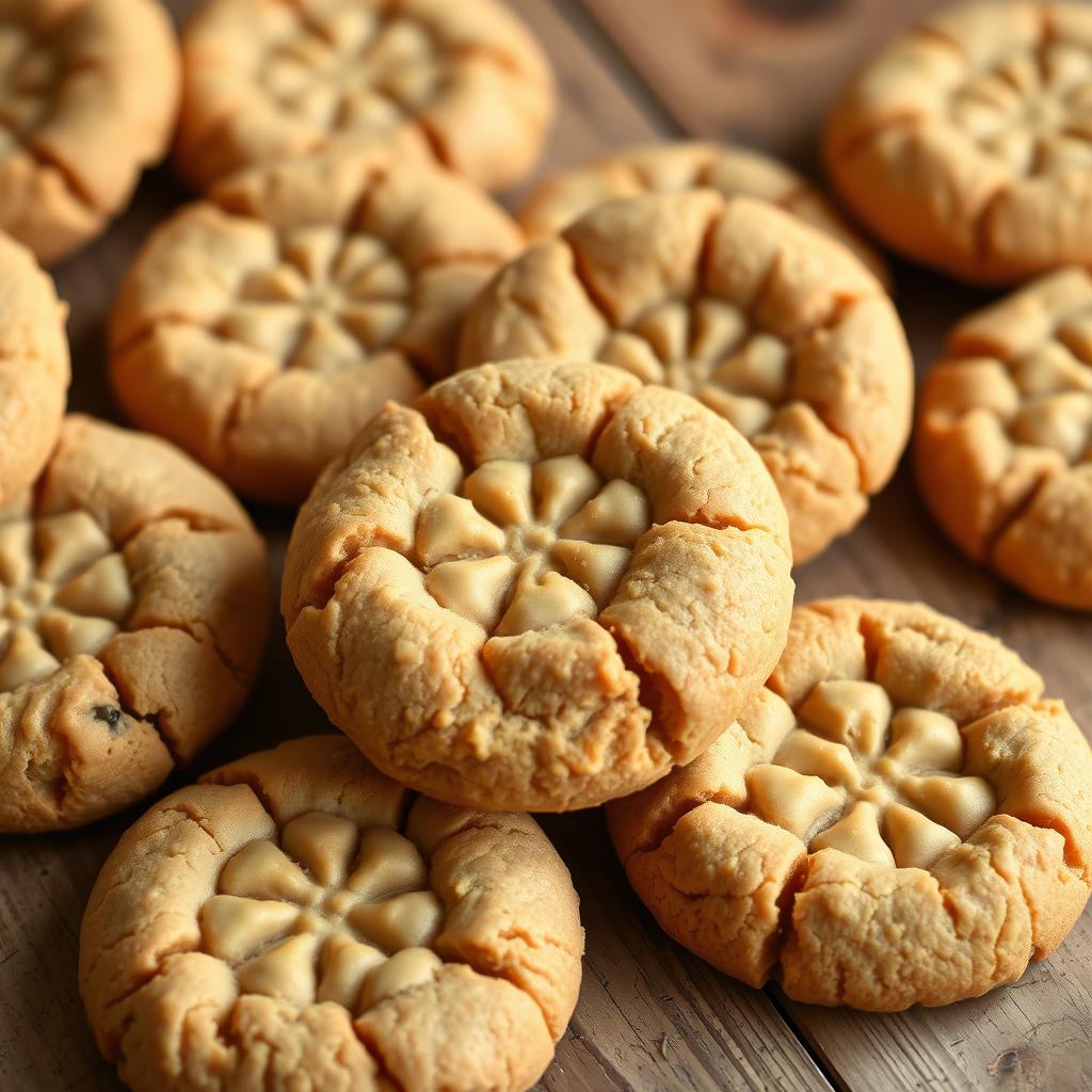 High-quality, freshly baked peanut butter cookies arranged on a rustic wooden table, with a soft, chewy texture and a rich, creamy peanut butter aroma. The cookies are golden-brown on the edges, with a delicate crackle on the surface and a delightful melt-in-your-mouth center. Warm lighting casts a cozy glow, highlighting the natural textures and colors of the peanut butter treats. The composition is clean and minimal, allowing the focus to remain on the inviting, homemade peanut butter cookies.