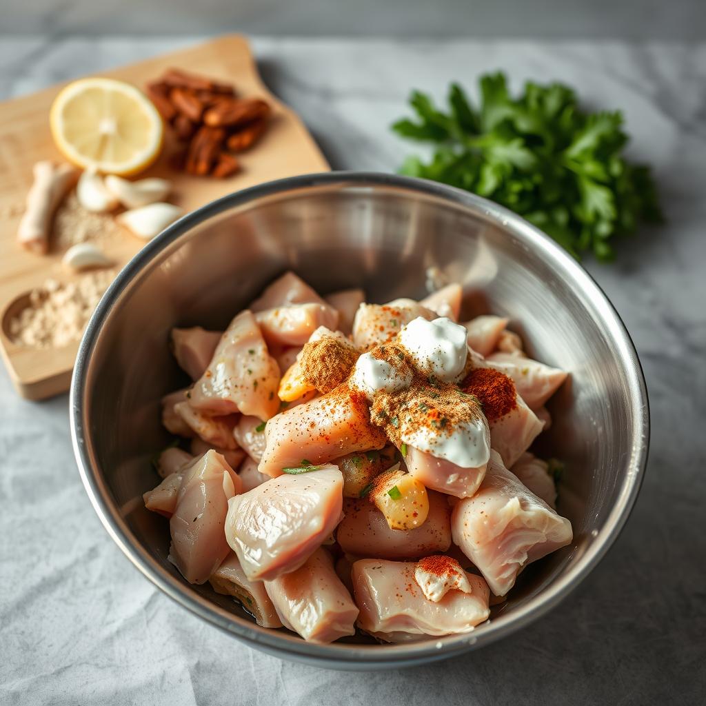 a high-quality, detailed photograph of the chicken marination process, shot with a professional DSLR camera with a 50mm lens, in natural soft lighting. The foreground shows fresh chicken pieces being mixed with a variety of aromatic spices, herbs, and marinade ingredients such as yogurt, lemon juice, ginger, and garlic. The middle ground features a stainless steel mixing bowl, a cutting board, and a few kitchen utensils. The background has a plain, slightly blurred surface, creating a clean, uncluttered composition that puts the focus on the chicken marination itself. The overall mood is one of culinary preparation, showcasing the first important step in creating a delicious homemade butter chicken dish. Butter chicken recipe first marination process with raw chicken pieces, spices, yogurt, and fresh herbs in a stainless steel bowl