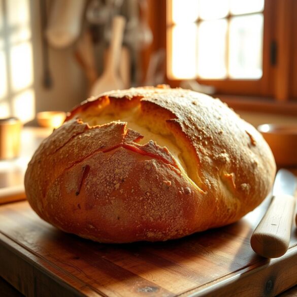 bread-recipe Bread recipe with a golden crust and rustic loaf in a warm kitchen setting