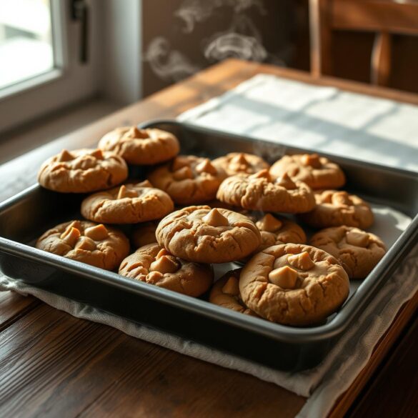 peanut-butter-cookie-recipe Stack of soft peanut butter cookies with fork marks on a wooden board