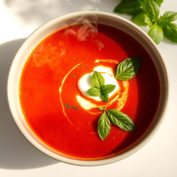 Tomato Soup Recipe – Classic and Creamy Homemade Tomato Soup Tomato soup recipe served with fresh basil leaves and a dollop of cream
