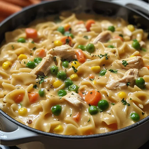 Chicken Pot Pie Pasta Creamy chicken pot pie pasta with mixed vegetables in a white Dutch oven