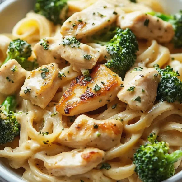 Creamy Chicken and Broccoli Pasta Bowl of creamy chicken and broccoli pasta with Parmesan