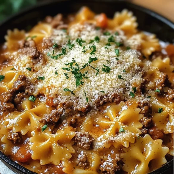 Creamy Parmesan Garlic Beef Pasta Creamy beef bowtie pasta in a skillet topped with melted parmesan