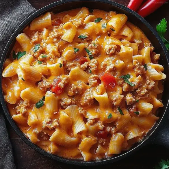 Creamy Taco Pasta Creamy taco pasta with ground turkey and melted cheese in a skillet