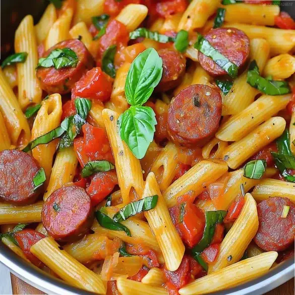 Kielbasa Pasta Kielbasa sausage with bell peppers and pasta in a creamy tomato sauce