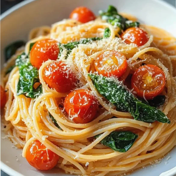 Meghan Markle Pasta Recipe Meghan Markle-inspired pasta with cherry tomatoes, spinach, and parmesan in a white bowl