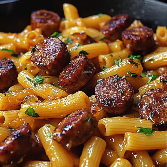 Sticky Honey Garlic Sausage Pasta Sticky honey garlic sausage pasta in a skillet topped with fresh herbs and Parmesan cheese