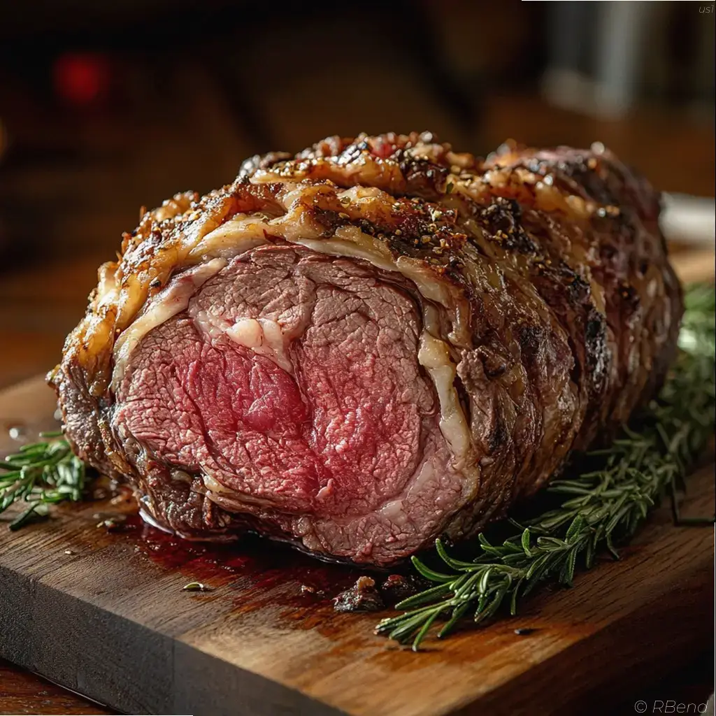 A juicy, tender prime rib roast, perfectly seared on the outside and cooked to a delectable medium-rare doneness. The meat glistens under soft, warm lighting, revealing its deep burgundy hue and marbled texture. The roast rests on a wooden cutting board, surrounded by sprigs of fresh rosemary and thyme. In the background, a minimalist kitchen setting with clean lines and muted colors, allowing the prime rib to take center stage. The composition highlights the roast's luxurious appearance and the care taken in its preparation, capturing the essence of what makes this cut of beef so special. Close-up of a boneless prime rib roast cooked medium rare, resting on a wooden board with fresh rosemary garnish