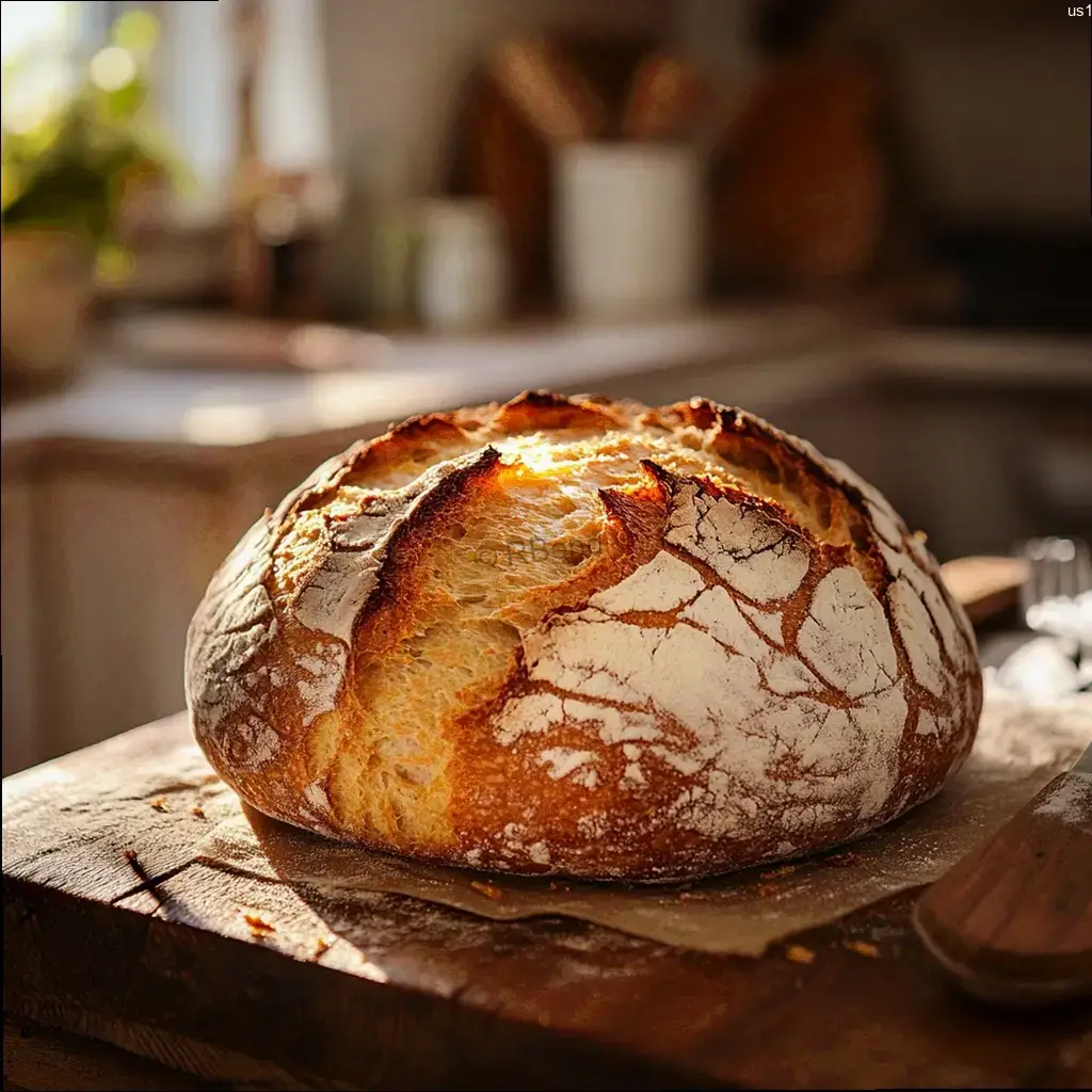 A warm, rustic homemade bread, freshly baked with a golden-brown crust, resting on a wooden cutting board. The loaf is sliced open, revealing a soft, fluffy interior with a delicate crumb structure. Sunlight streams in from a nearby window, casting a natural glow and creating long shadows across the table. The comforting aroma of freshly baked bread fills the air, inviting the viewer to experience the simple pleasure of homemade baking. The scene exudes a sense of comfort, tradition, and the joy of creating something nourishing with one's own hands. Bread recipe with a golden crust and rustic loaf in a warm kitchen setting