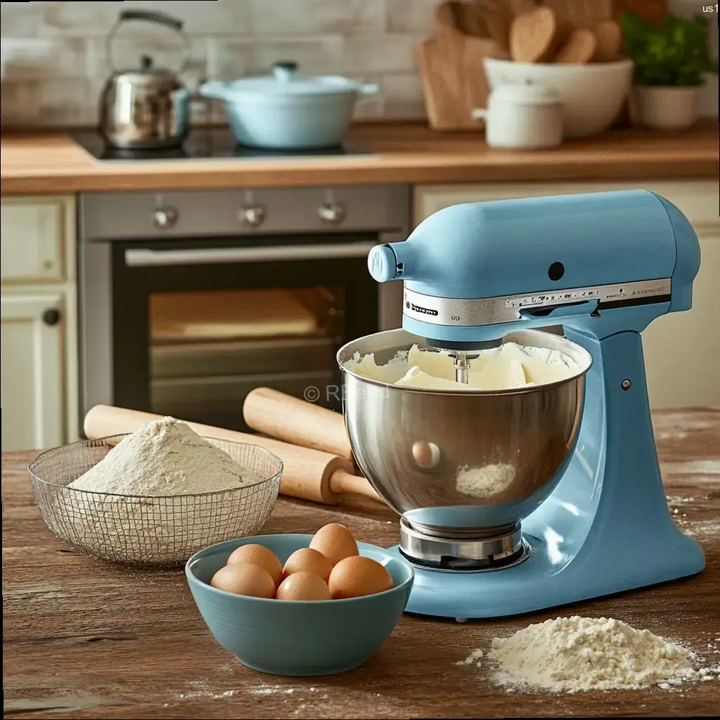 Generate an image of a kitchen with basic baking equipment Bread recipe kitchen equipment with stand mixer, bowls of flour, eggs, butter, and rolling pin