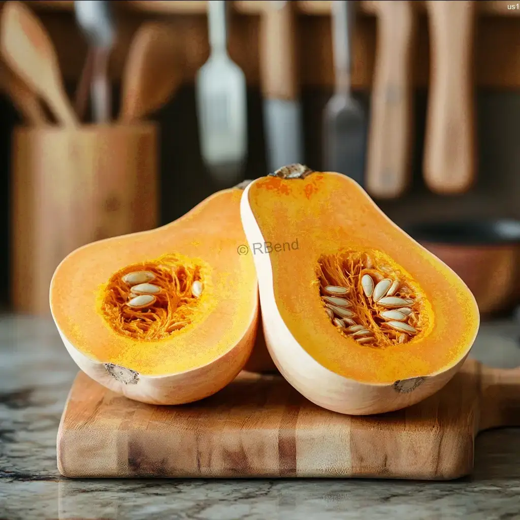 Image of a kitchen counter with various kitchen utensils and a butternut squash Butternut squash recipes essential tools with fresh butternut squash cut in half and kitchen utensils in the background