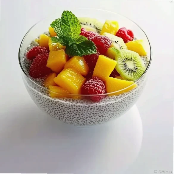 Chia Seed Fruit Pudding Glass of chia seed fruit pudding topped with diced mango, kiwi, and fresh mint leaves