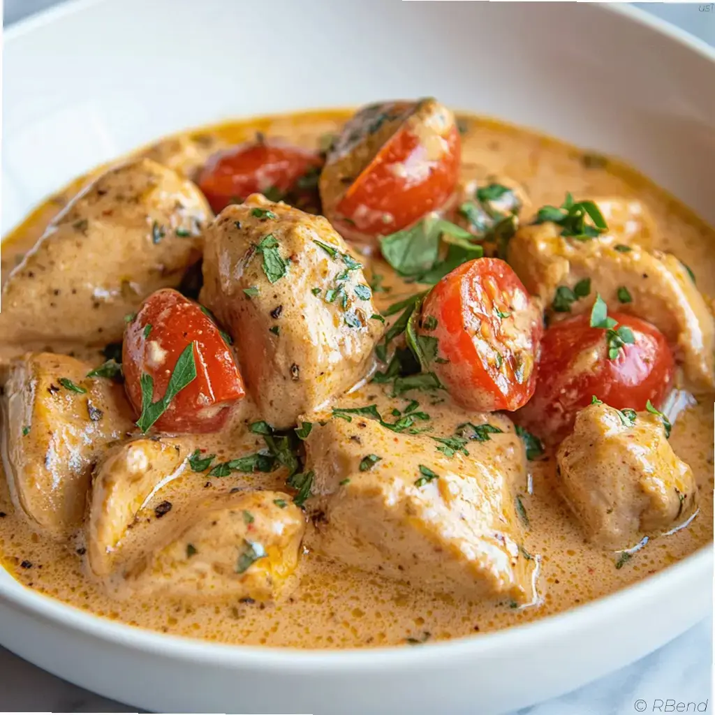 Image of a delicious Marry Me Chicken dish Creamy sauced chicken bites garnished with chopped herbs and cherry tomatoes in a white bowl