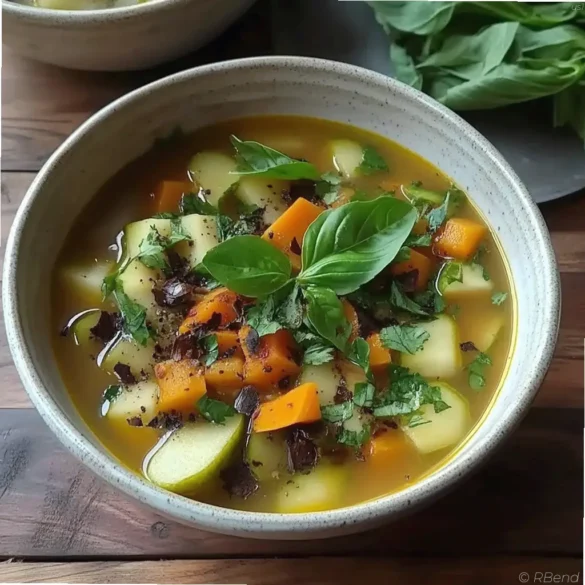 Detox Turnip Soup Bowl of detox turnip soup with fresh herbs and vegetables