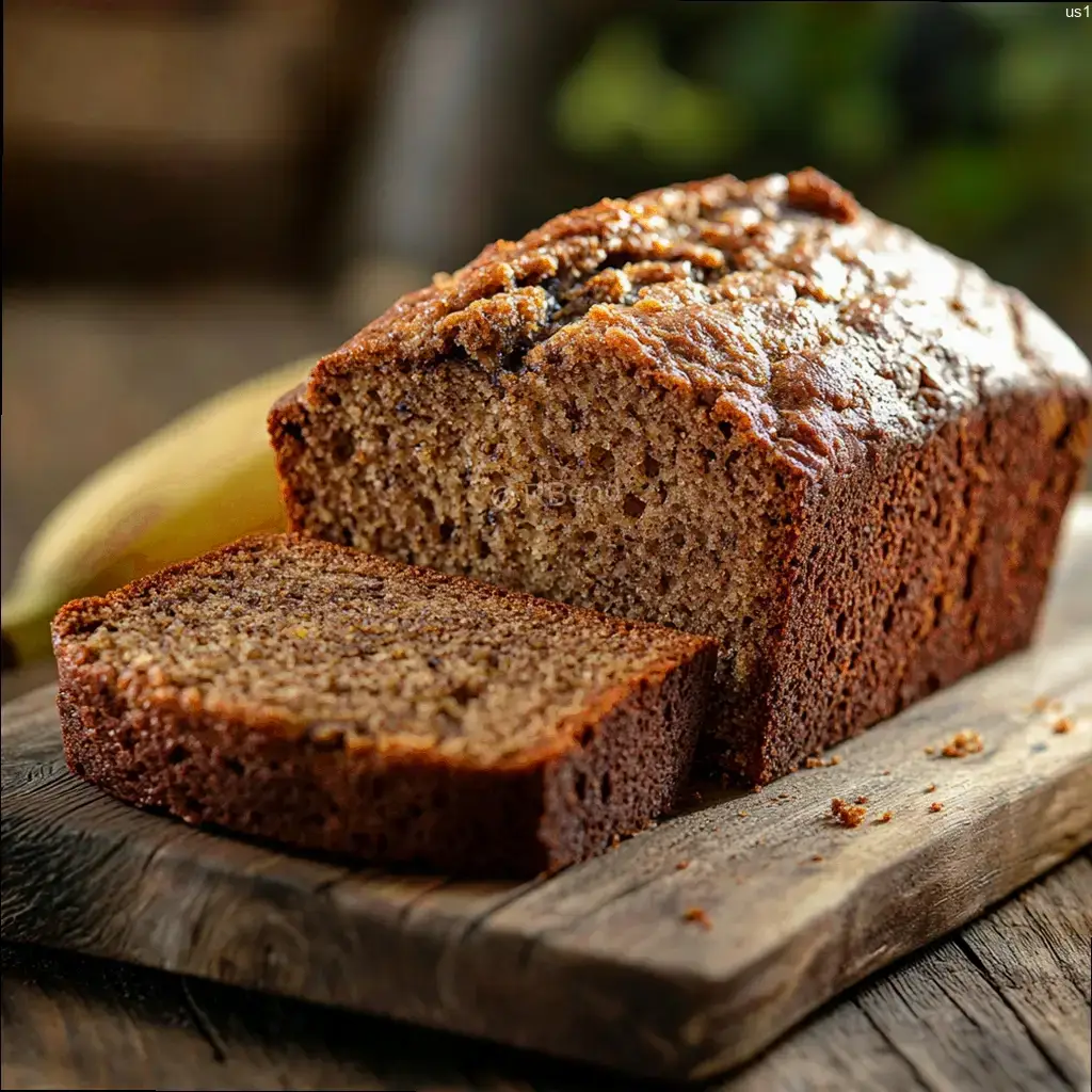 A luscious, golden-brown banana bread, freshly baked and glistening with a thin layer of butter. The loaf is cut in half, revealing a moist, tender crumb flecked with soft, ripe banana pieces. The warm, inviting aroma fills the frame, drawing the viewer in. The background is a cozy, rustic kitchen, with wooden countertops and a hint of natural light filtering through a window. The overall scene conveys a sense of comfort and homemade goodness, perfectly capturing the essence of using up those overripe bananas in the most delicious way. Easy banana bread recipe freshly baked with a moist texture