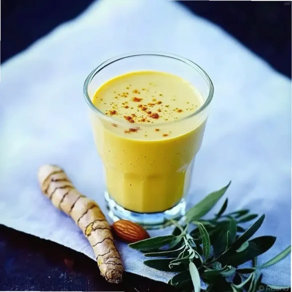 Golden Turmeric Almond Milk Glass of golden turmeric almond milk with turmeric root and almonds on a wooden table