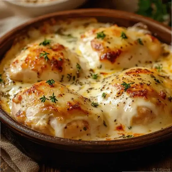 us1-marry-me-chicken-recipe-–-creamy-baked-chicken-with-cheese-and-herbs-20250607-150721 Marry me chicken recipe – creamy baked chicken topped with melted cheese and herbs on a wooden table