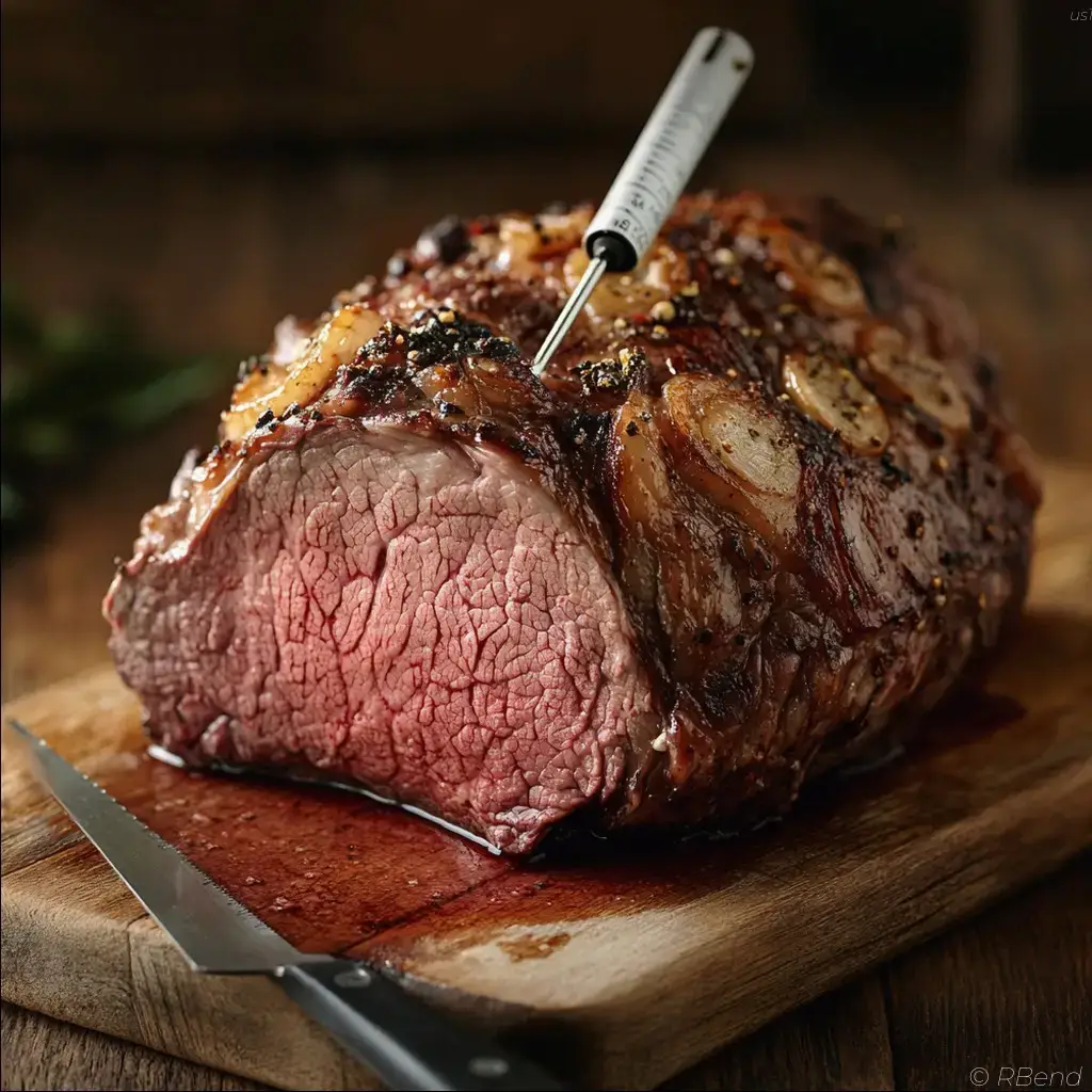 Using a meat thermometer to check the internal temperature of a perfectly cooked medium rare prime rib roast on a wooden cutting board