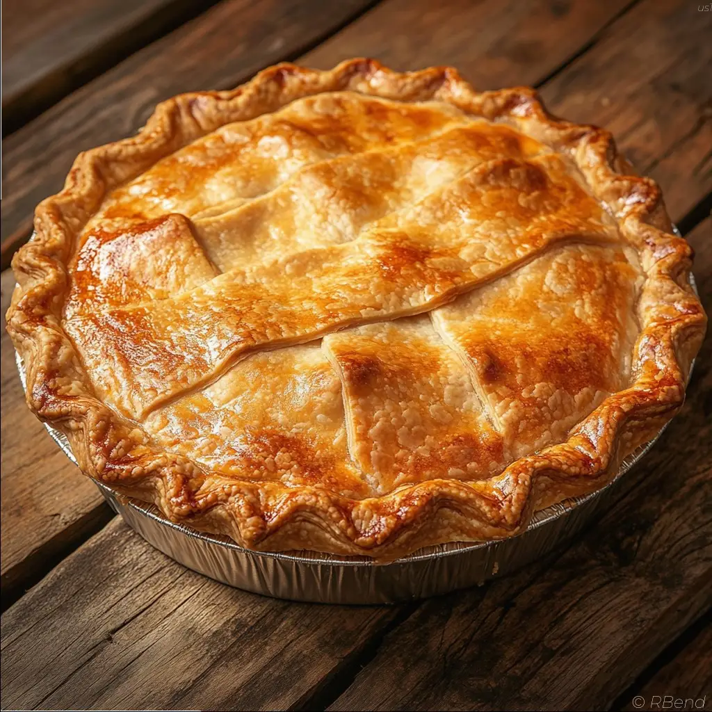 A beautifully crafted homemade pie crust, with a delicate golden-brown sheen and a flaky, buttery texture. The crust is placed on a rustic wooden surface, illuminated by soft, natural lighting that casts gentle shadows, highlighting the intricate patterns and layers of the dough. The crust is slightly raised, revealing its thickness and inviting the viewer to imagine the tender, melt-in-your-mouth experience of biting into it. The composition is centered, allowing the crust to be the focal point, with a clean, minimal background that emphasizes the simplicity and elegance of this essential component of a homemade pie. Golden baked homemade pie with flaky crust and decorative crimped edges on a wooden surface