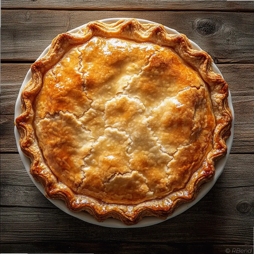 A close-up, detailed shot of a delicate pie crust edge, featuring an intricate decorative pattern. The crust has a golden-brown, flaky texture, with a crisp, well-defined edge. The decorative pattern consists of elegant, swirling designs, like gentle waves or feathery flourishes, carefully crafted by skilled hands. The lighting is soft and diffused, emphasizing the fine details and creating a warm, inviting atmosphere. The composition fills the frame, drawing the viewer's attention to the artistry and craftsmanship of the pie crust decoration. Golden baked homemade pie with flaky crust and decorative crimped edges on a wooden surface