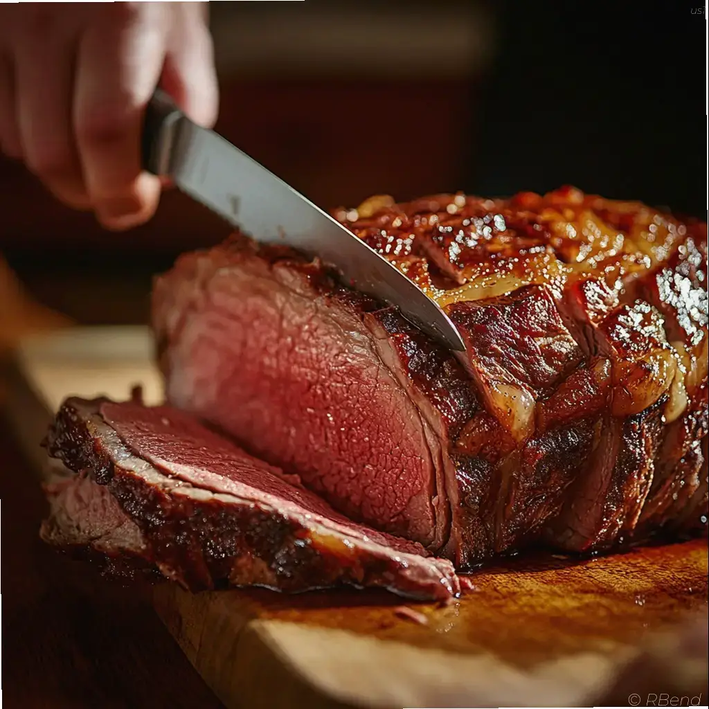 A succulent prime rib roast resting on a wooden cutting board, the perfect medium-rare interior revealed as a thin slice is carefully carved, exposing the juicy, mouthwatering texture. Soft, ambient lighting casts a warm, inviting glow, accentuating the rich, caramelized exterior and the delicate pink hue of the meat. Aromatic herbs and spices, such as rosemary and garlic, adorn the surface, hinting at the depth of flavor. The scene evokes a sense of culinary mastery, inviting the viewer to savor the moment and experience the pinnacle of home-cooked perfection. Slicing a perfectly rested medium rare prime rib roast with a sharp knife on a wooden cutting board