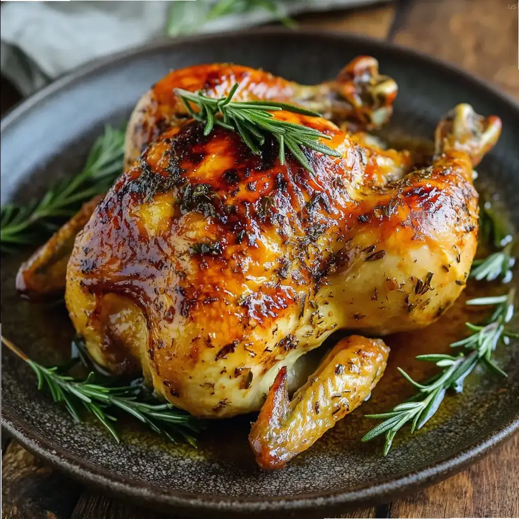 A sumptuous dish of perfectly roasted chicken, its golden-brown skin glistening under the warm, soft lighting. The tender meat is smothered in a rich, creamy sauce, infused with the aromatic flavors of garlic, herbs, and a hint of lemon. The dish is presented on a rustic wooden table, surrounded by fresh sprigs of rosemary and a sprinkle of chopped parsley, creating a visually captivating and mouthwatering scene. The overall atmosphere is cozy, inviting, and elegantly rustic, perfectly capturing the irresistible charm of this "Marry Me Chicken" dish. Whole roasted chicken with golden crispy skin, served with creamy sauce and fresh rosemary on a plate