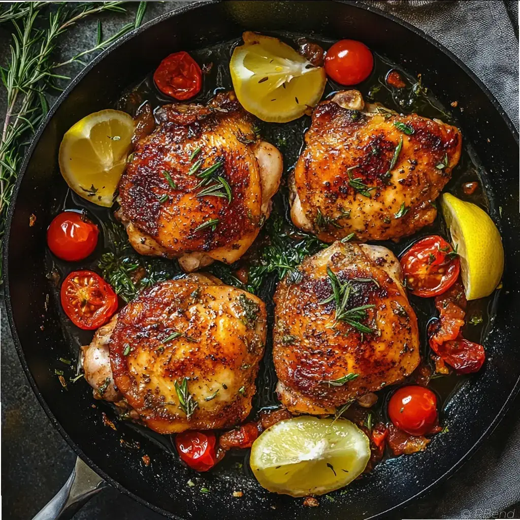 A cast-iron skillet filled with succulent chicken thighs, seared to golden perfection. The meat glistens with a delectable honey-garlic glaze, the edges caramelized and crispy. Fresh rosemary and thyme sprigs add earthy notes, complementing the zesty lemon wedges arranged around the dish. Vibrant vegetables, such as tender asparagus spears and vibrant cherry tomatoes, add pops of color and texture. Warm, ambient lighting casts a cozy glow, accentuating the rustic, homemade appeal of this mouthwatering chicken skillet. Golden seared chicken thighs with lemon wedges, cherry tomatoes, and fresh rosemary in a skillet