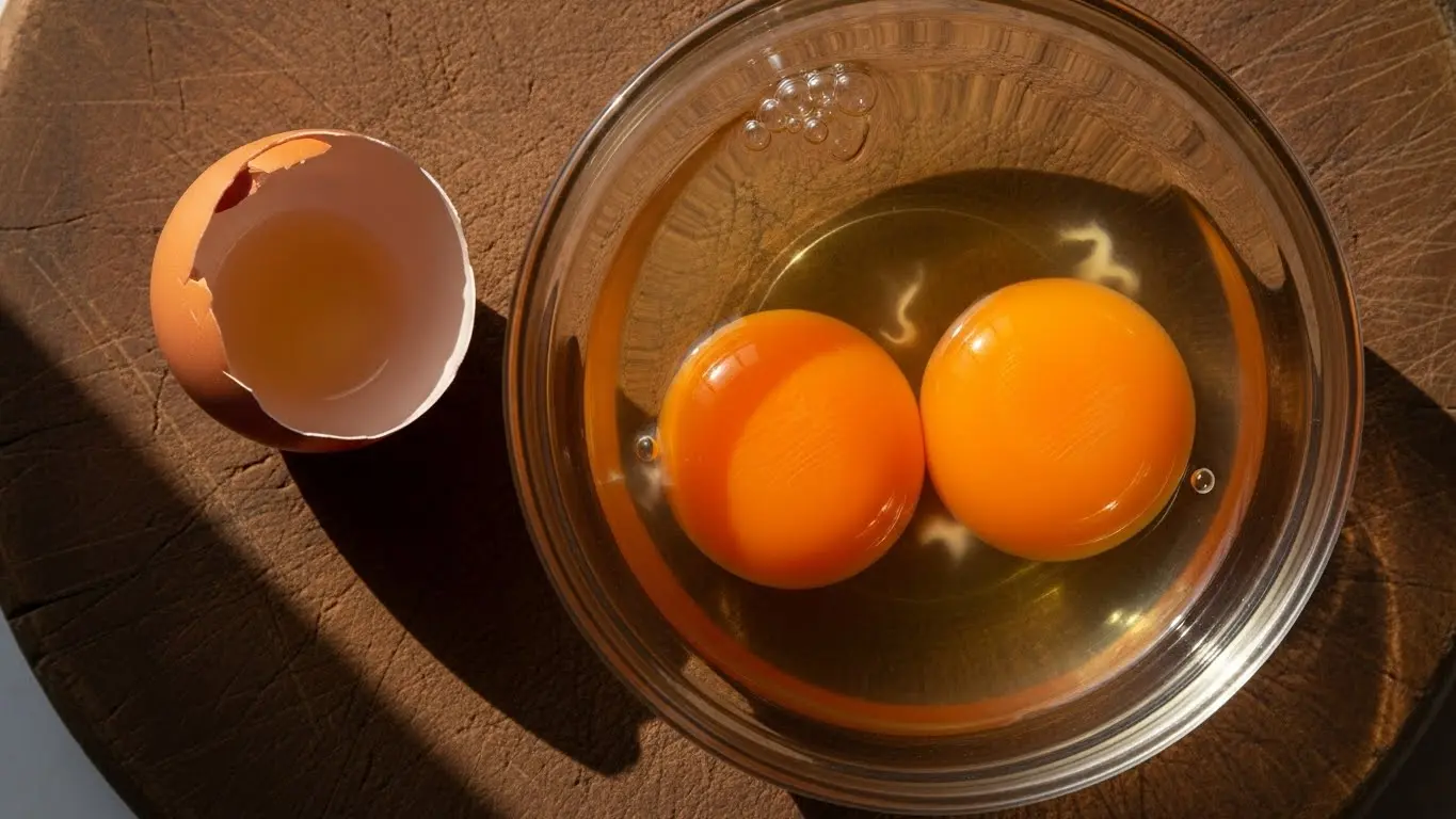 Two fresh eggs cracked into glass bowl showing vibrant orange yolks on rustic wooden board