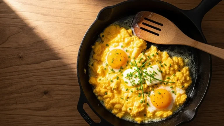 Fluffy golden scrambled eggs in cast iron skillet with melting butter and fresh chives on wooden table